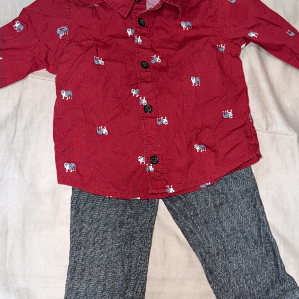 Red Button-Up Shirt with Gray Pants